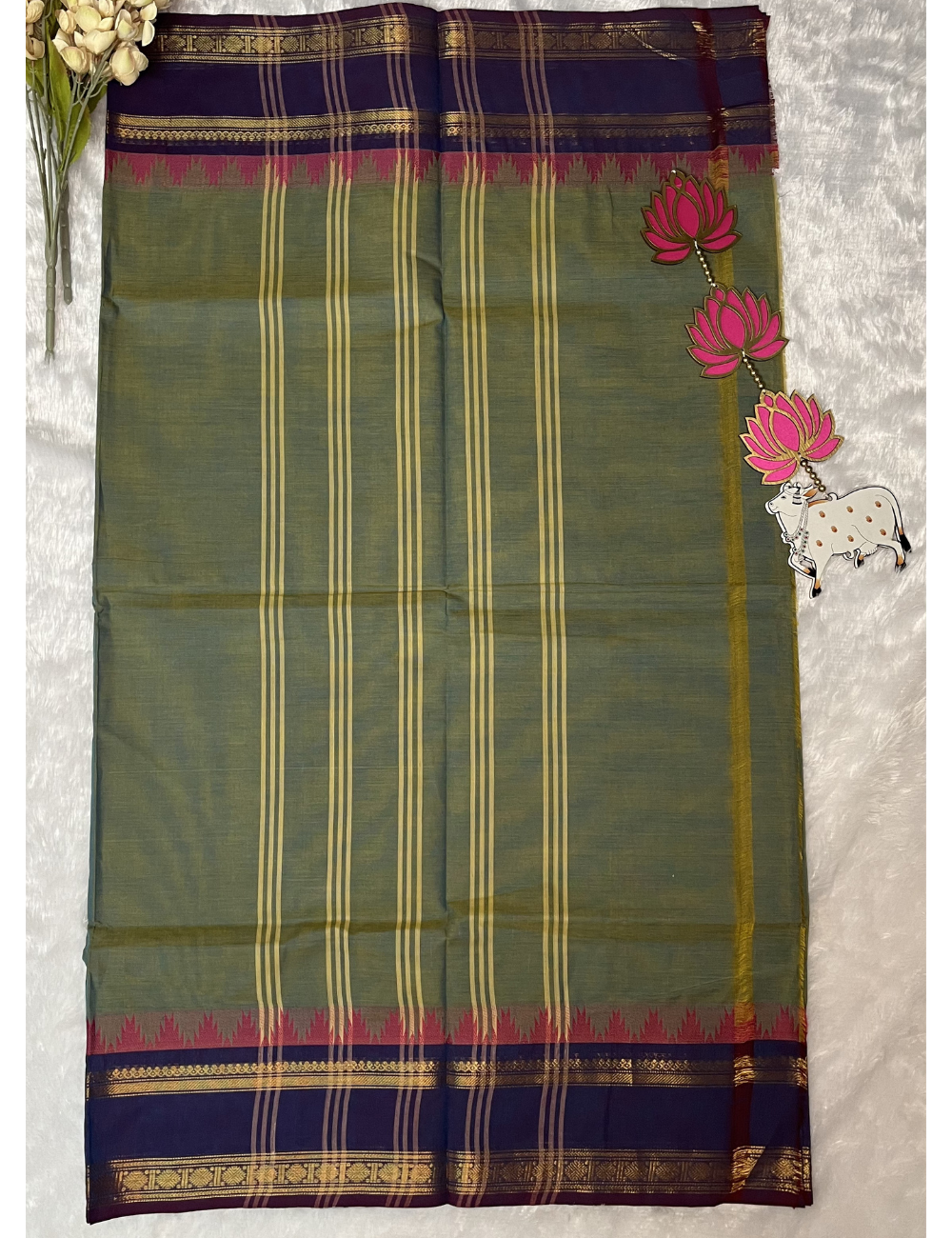 Dual Shade Green Plain Kanchi Cotton Saree - Contrast Blue Rettapet Border
