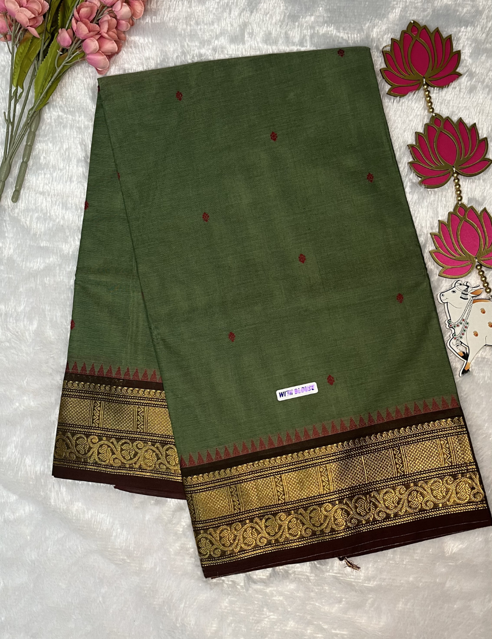 Kanchi Cotton Moss Green Butta Saree - Dark Brown Rich Border - With Blouse