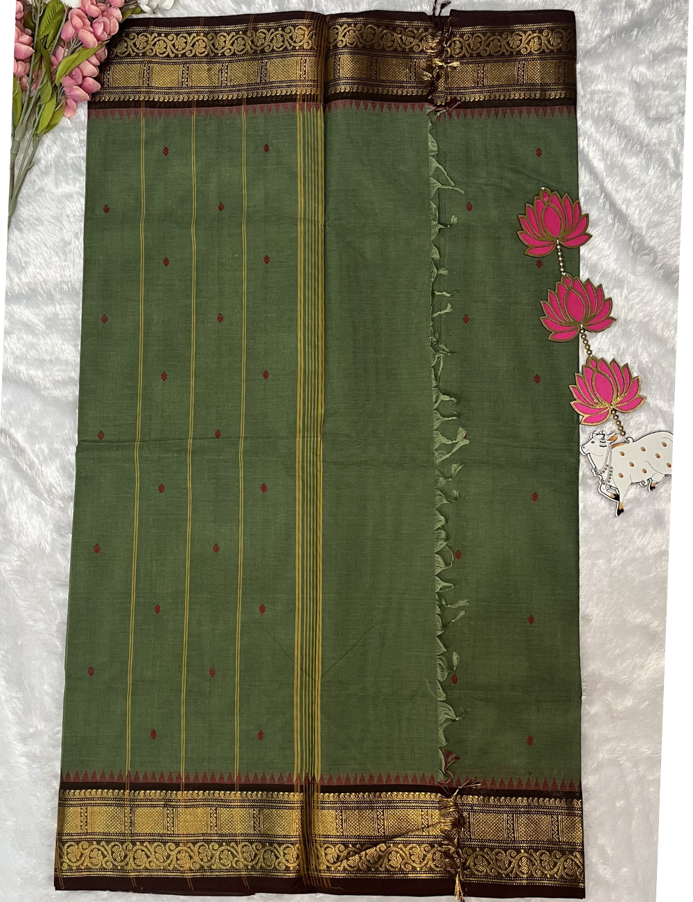 Kanchi Cotton Moss Green Butta Saree - Dark Brown Rich Border - With Blouse