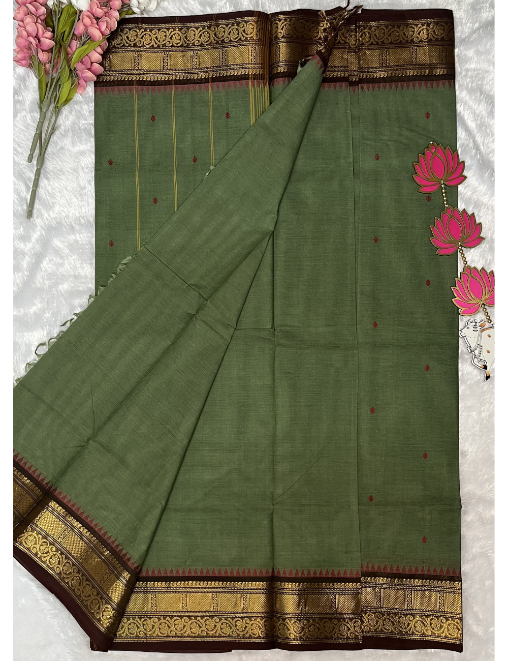 Kanchi Cotton Moss Green Butta Saree - Dark Brown Rich Border - With Blouse