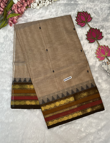 Kanchi Cotton Ivory Saree - Brown Rettapet Rudraksh Border - With Blouse