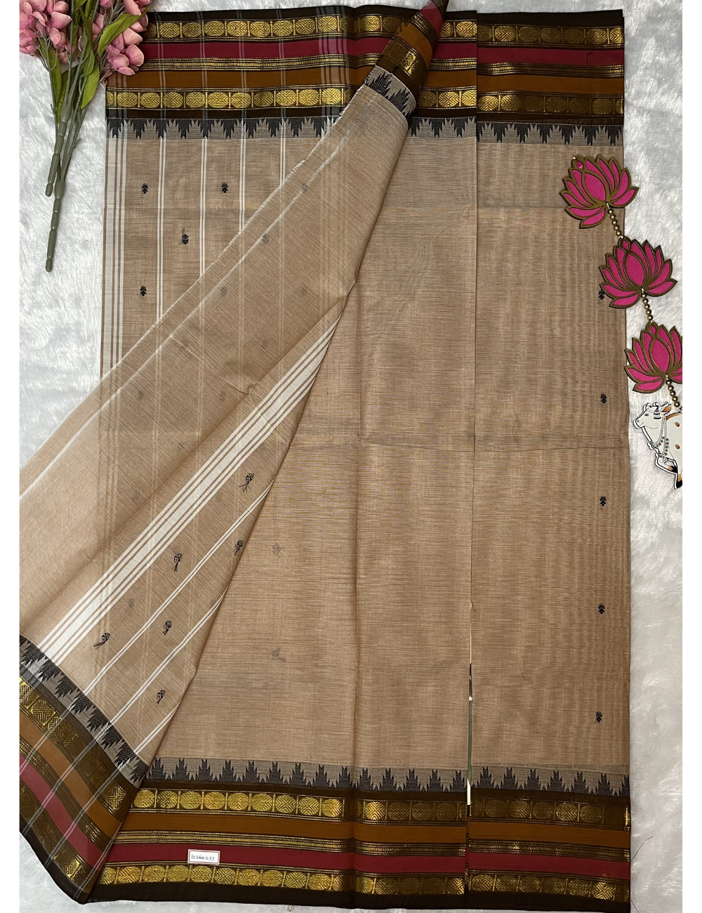 Kanchi Cotton Ivory Saree - Brown Rettapet Rudraksh Border - With Blouse