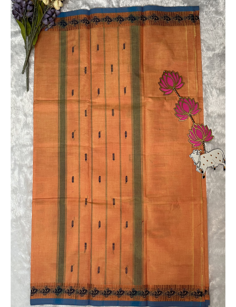 Light Orange Kanchi Cotton Saree with Butta All Over - Small Thread Border