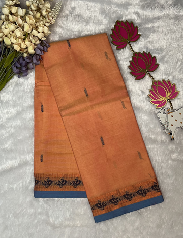 Light Orange Kanchi Cotton Saree with Butta All Over - Small Thread Border