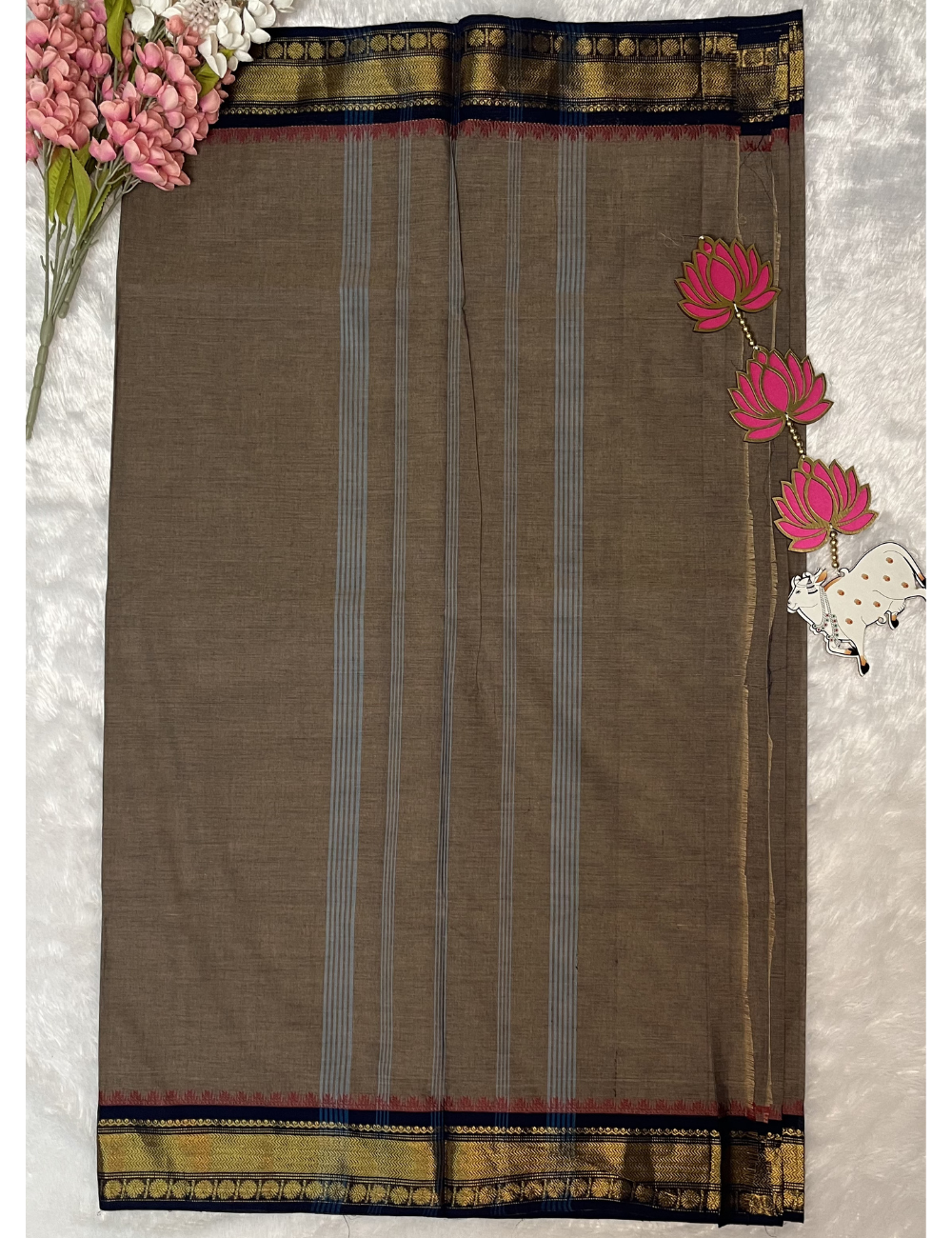 Grey Plain Kanchi Cotton Saree - Contrast Black Rich Border