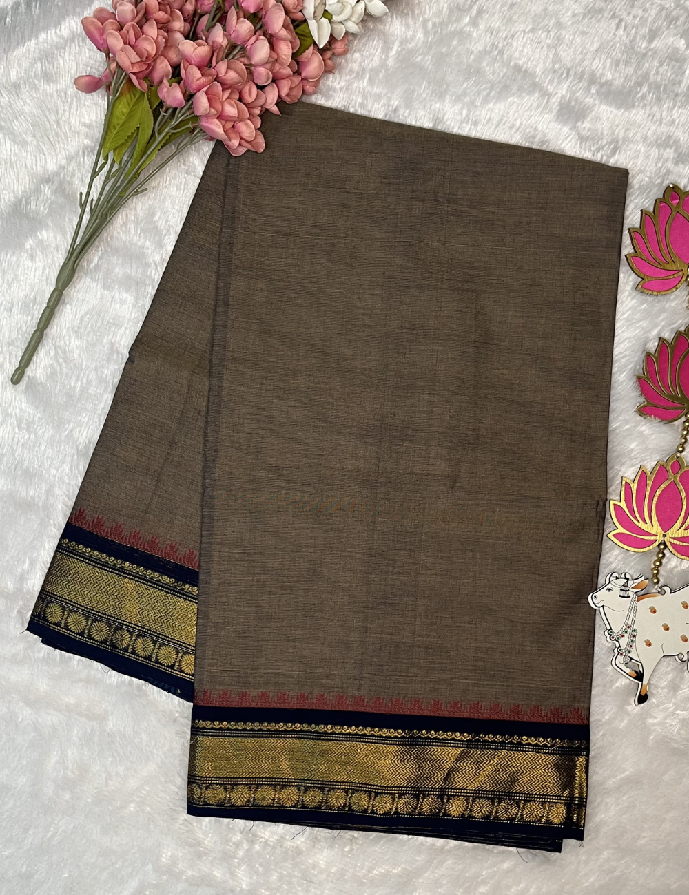 Grey Plain Kanchi Cotton Saree - Contrast Black Rich Border