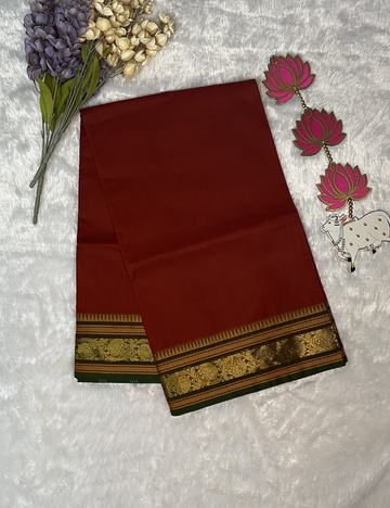 Brick Red Plain Kanchi Cotton Saree - Contrast Green Rich Border