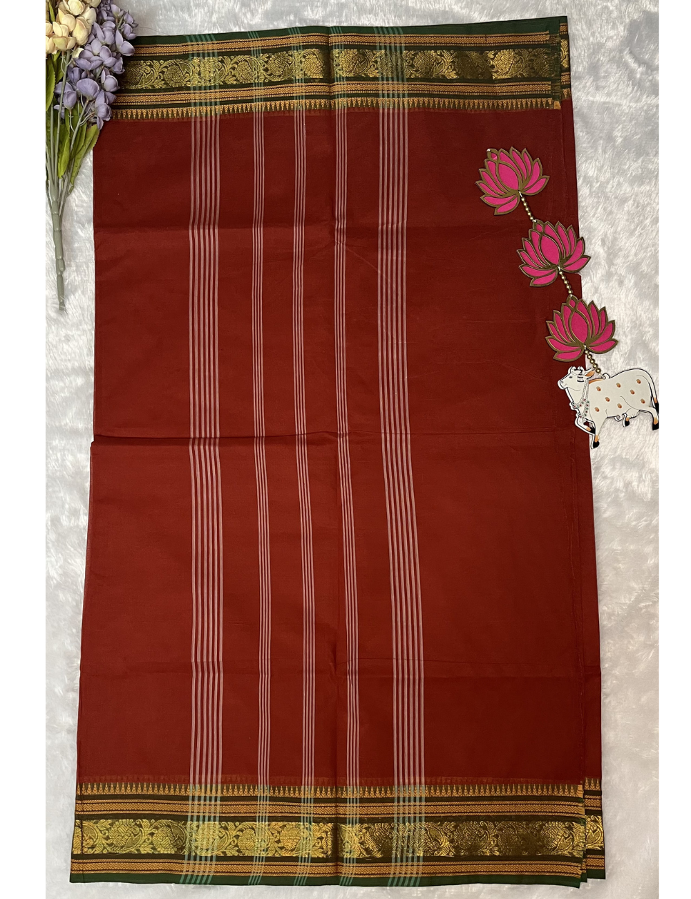 Brick Red Plain Kanchi Cotton Saree - Contrast Green Rich Border