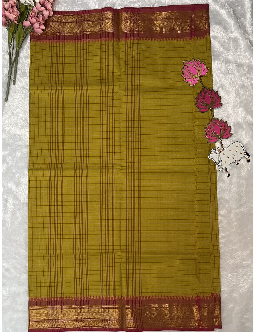 Yellow Checks Kanchi Cotton Saree - Contrast Pink Rich Border