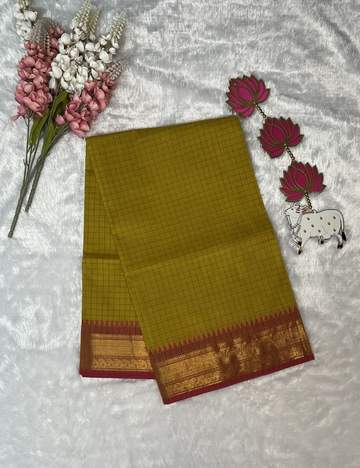 Yellow Checks Kanchi Cotton Saree - Contrast Pink Rich Border