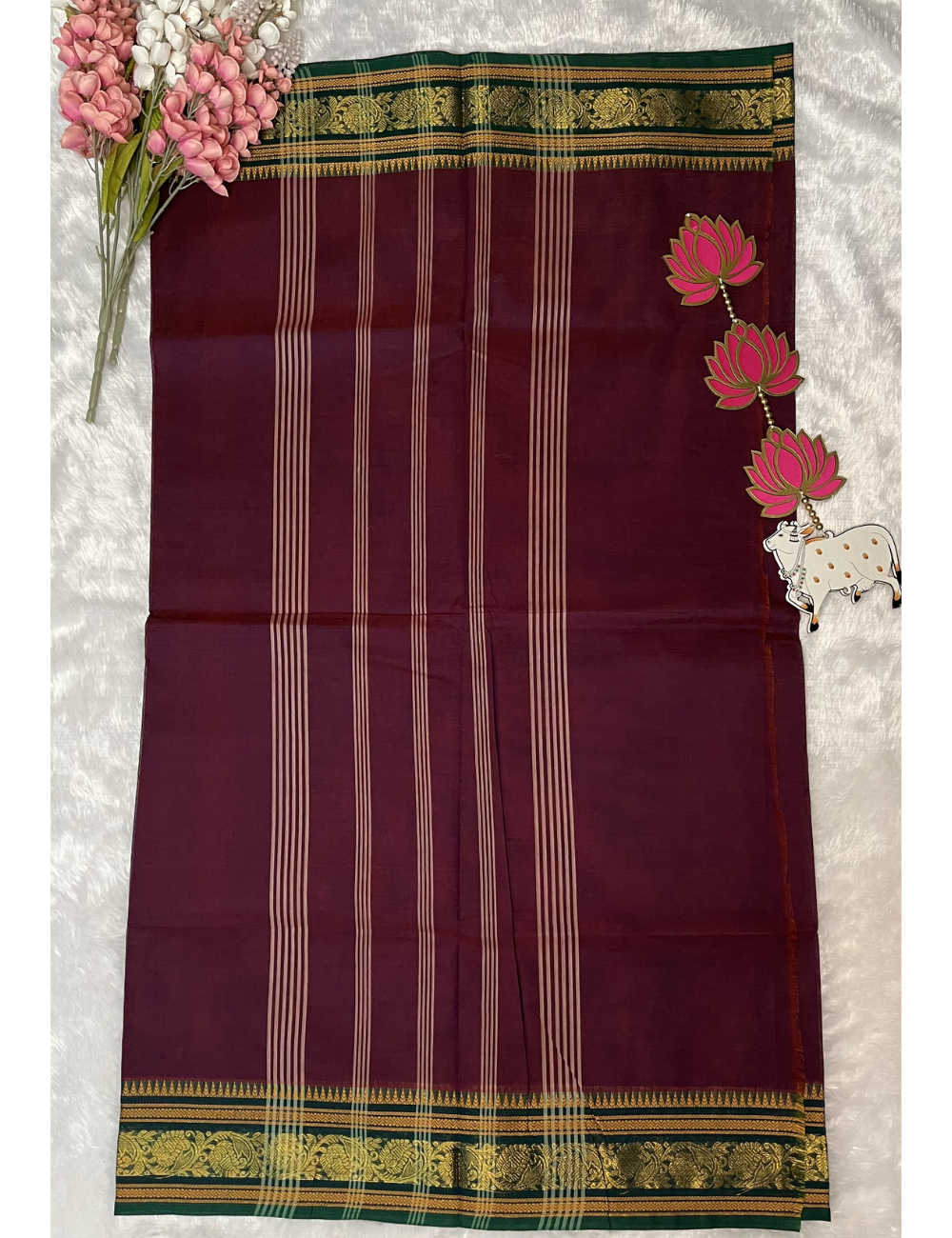 Magenta Plain Kanchi Cotton Saree - Contrast Green Rich Border