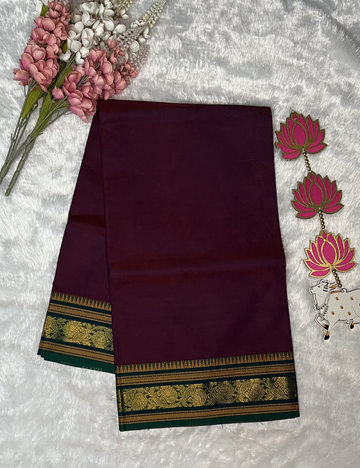 Magenta Plain Kanchi Cotton Saree - Contrast Green Rich Border