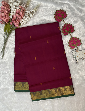 Kanchi Cotton Saree with Butta All Over - Small Mango Border - Dark Pink