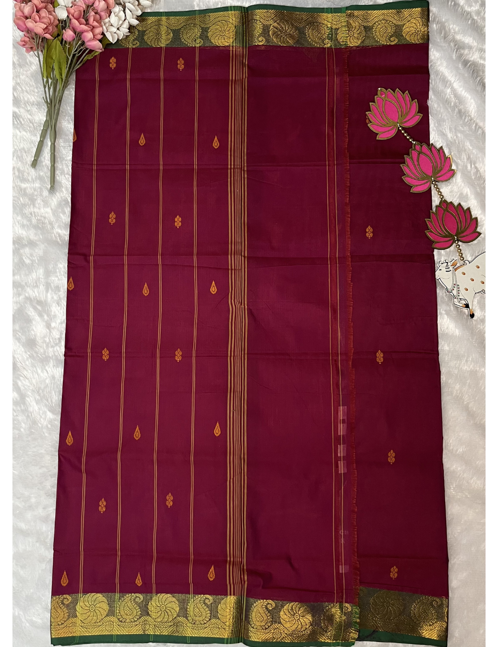 Kanchi Cotton Saree with Butta All Over - Small Mango Border - Dark Pink