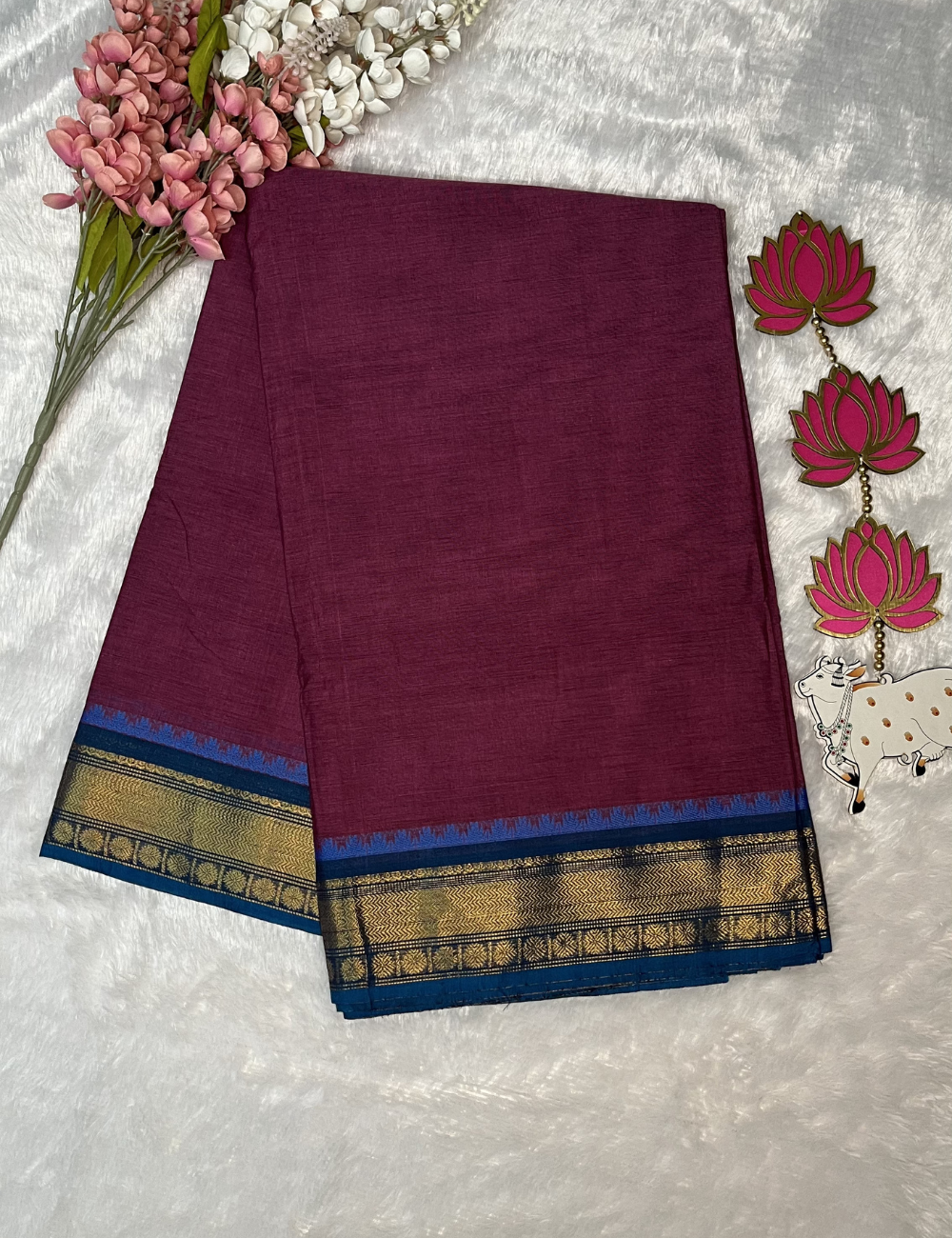 Purple Plain Kanchi Cotton Saree - Contrast Blue Rich Border