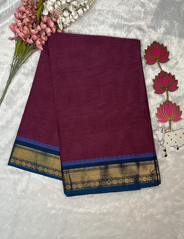 Purple Plain Kanchi Cotton Saree - Contrast Blue Rich Border