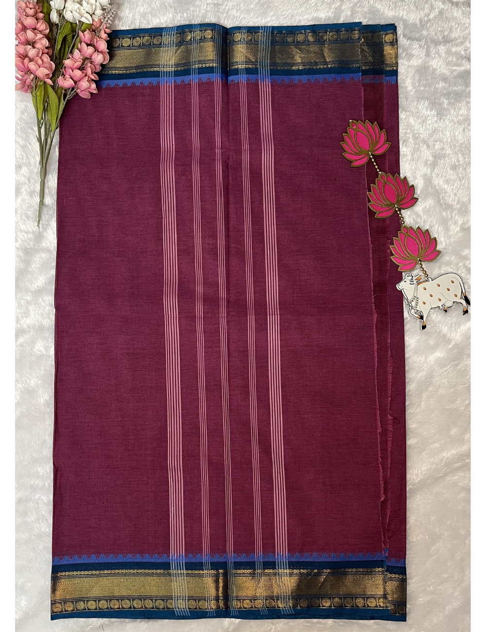 Purple Plain Kanchi Cotton Saree - Contrast Blue Rich Border