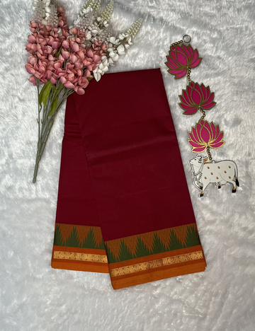 Plain Maroon Kanchi Cotton Saree - Green Temple Border