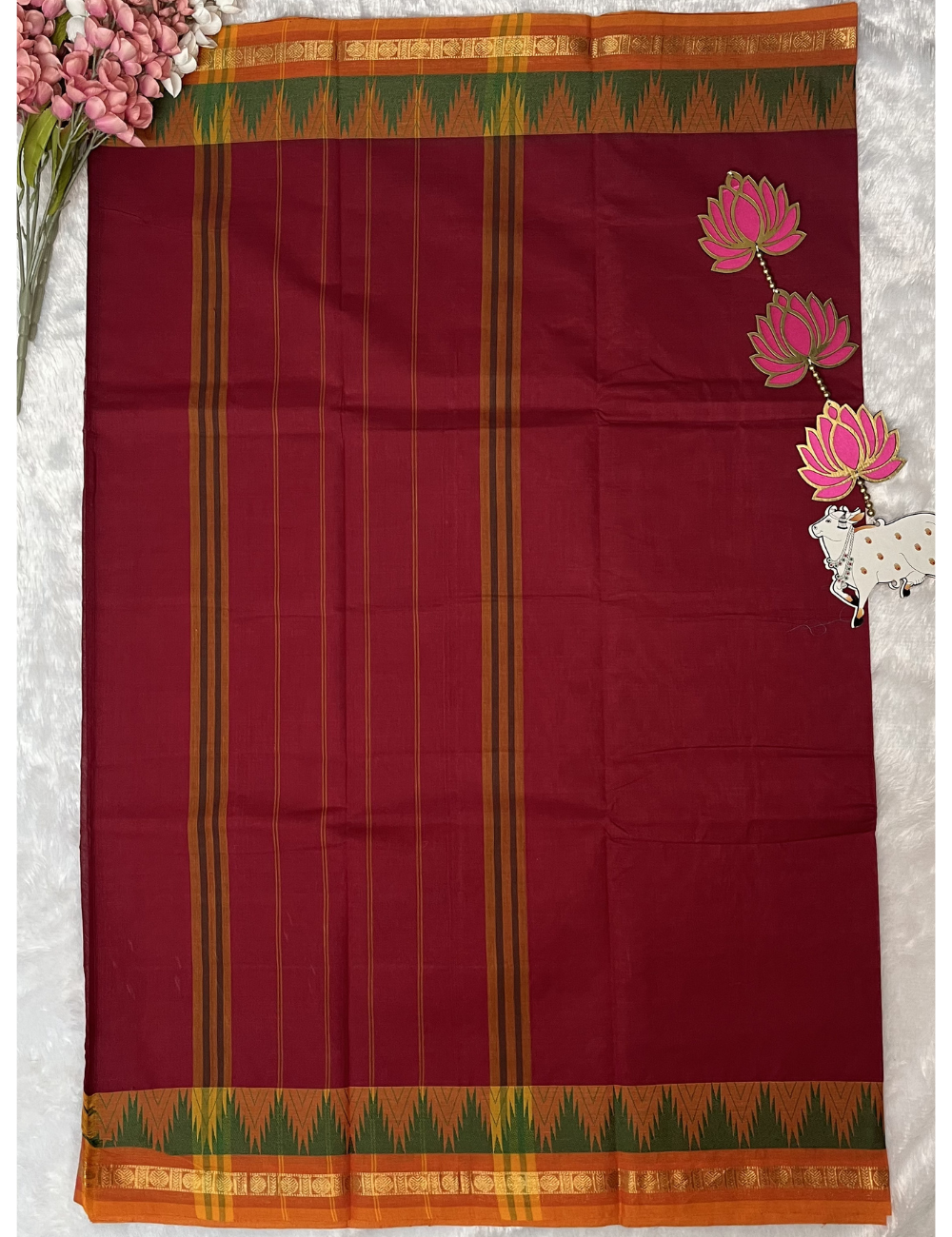 Plain Maroon Kanchi Cotton Saree - Green Temple Border