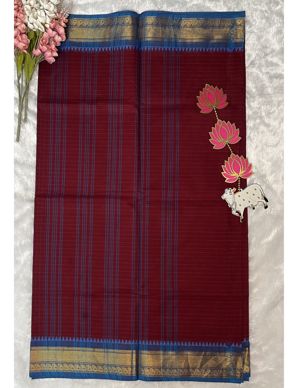 Maroon Checks Kanchi Cotton Saree - Contrast Blue Rich Border