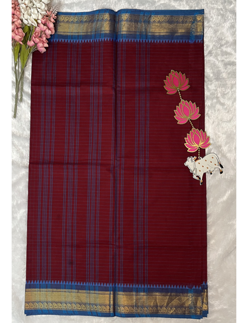 Maroon Checks Kanchi Cotton Saree - Contrast Blue Rich Border