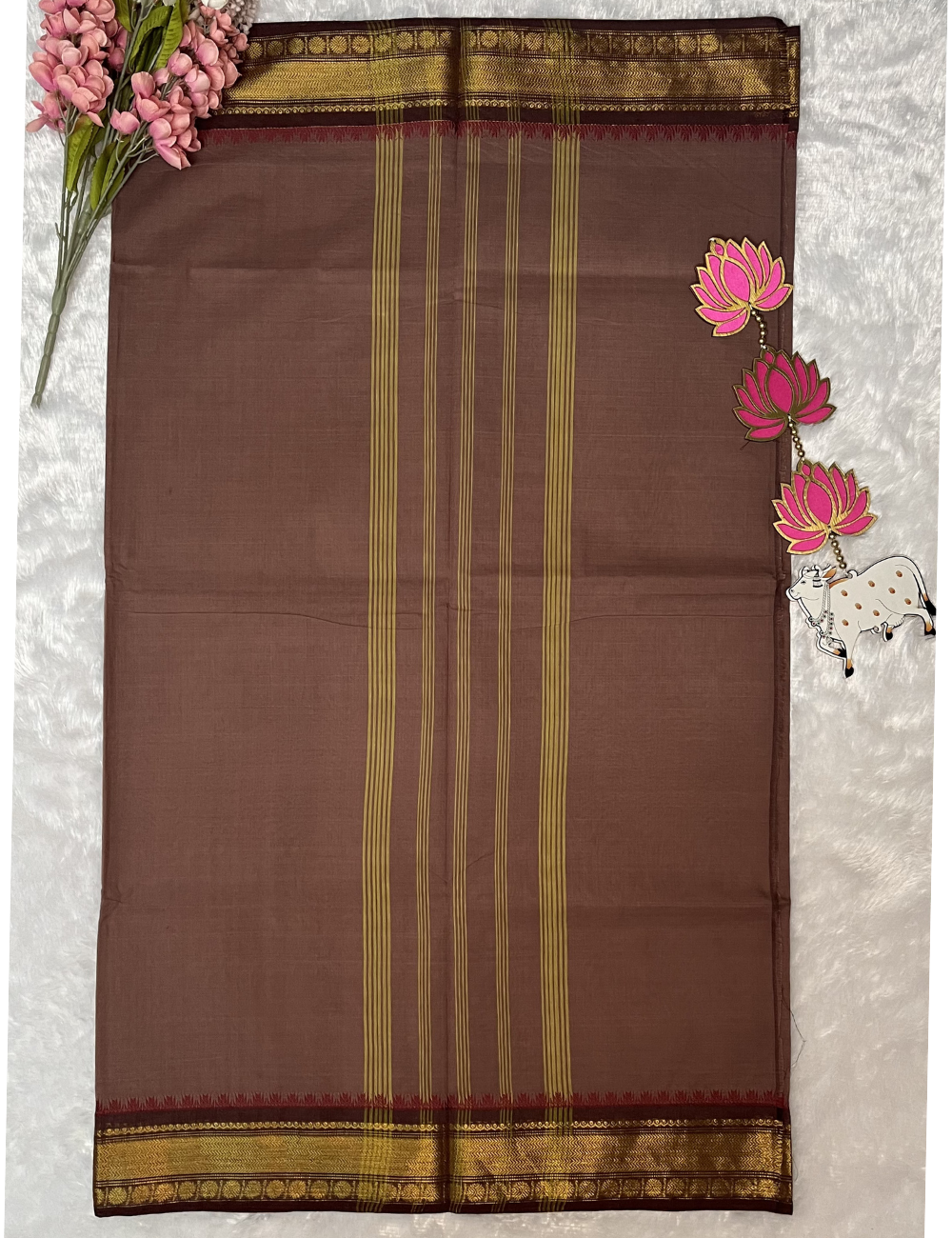 Mauve Colour Plain Kanchi Cotton Saree - Brown Rich Border