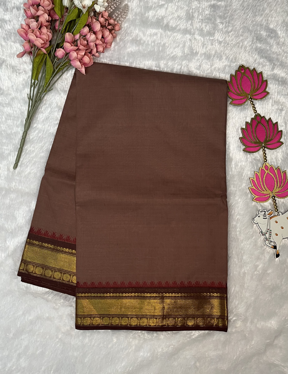 Mauve Colour Plain Kanchi Cotton Saree - Brown Rich Border