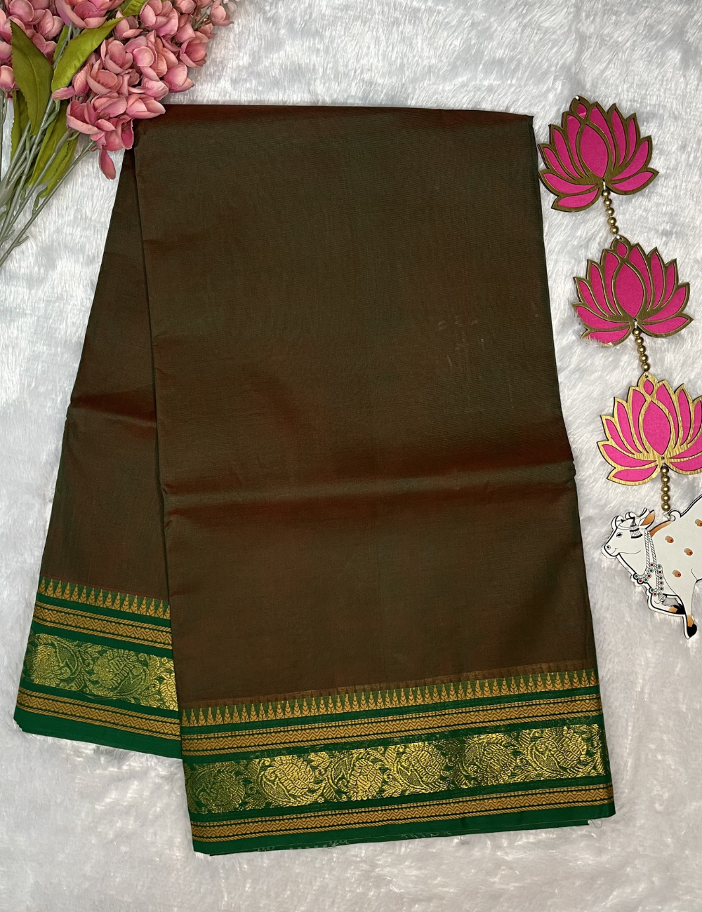 Moss Green Plain Kanchi Cotton Saree - Green Rich Border