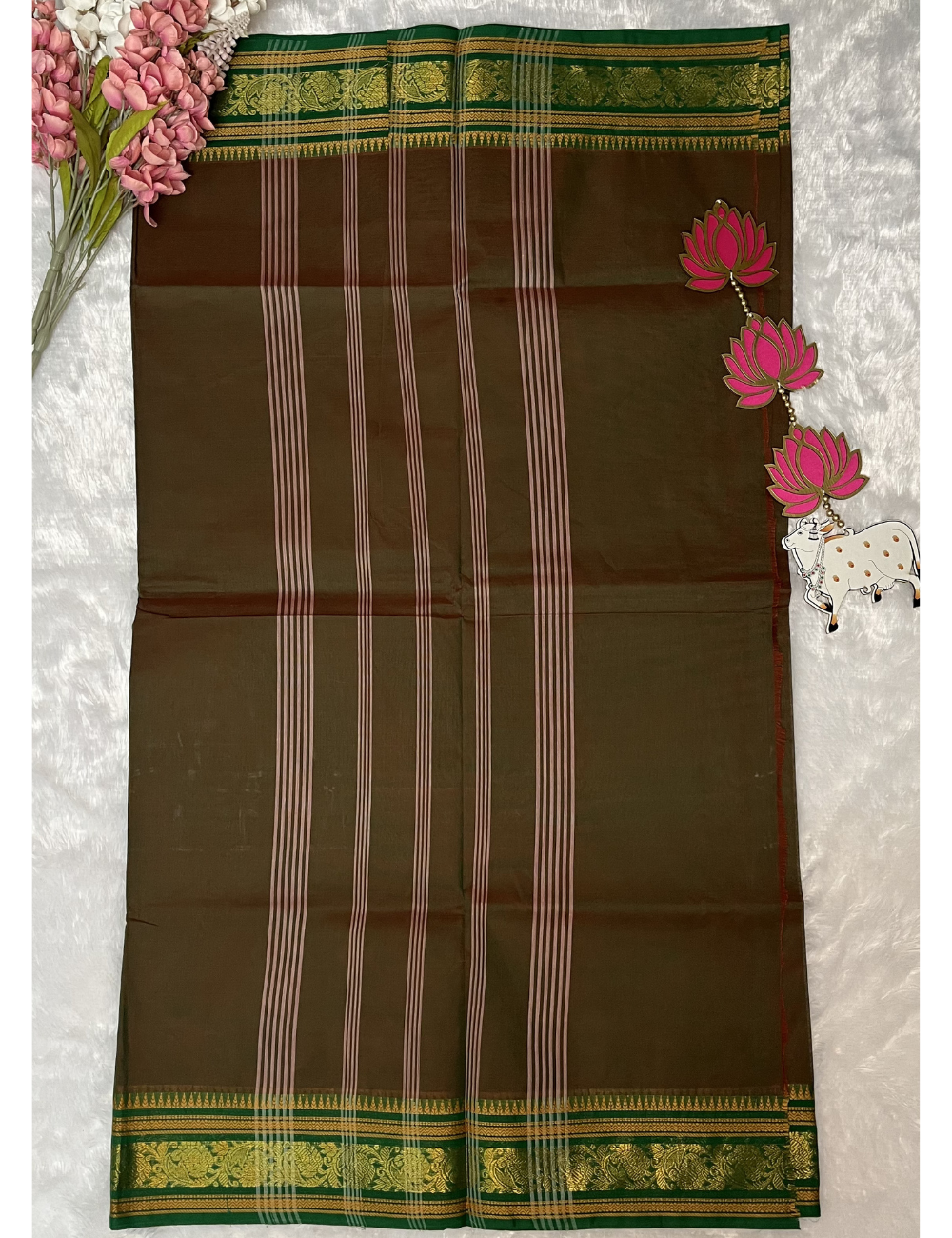 Moss Green Plain Kanchi Cotton Saree - Green Rich Border