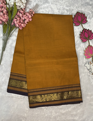 Mustard Plain Kanchi Cotton Saree - Brown Rich Border