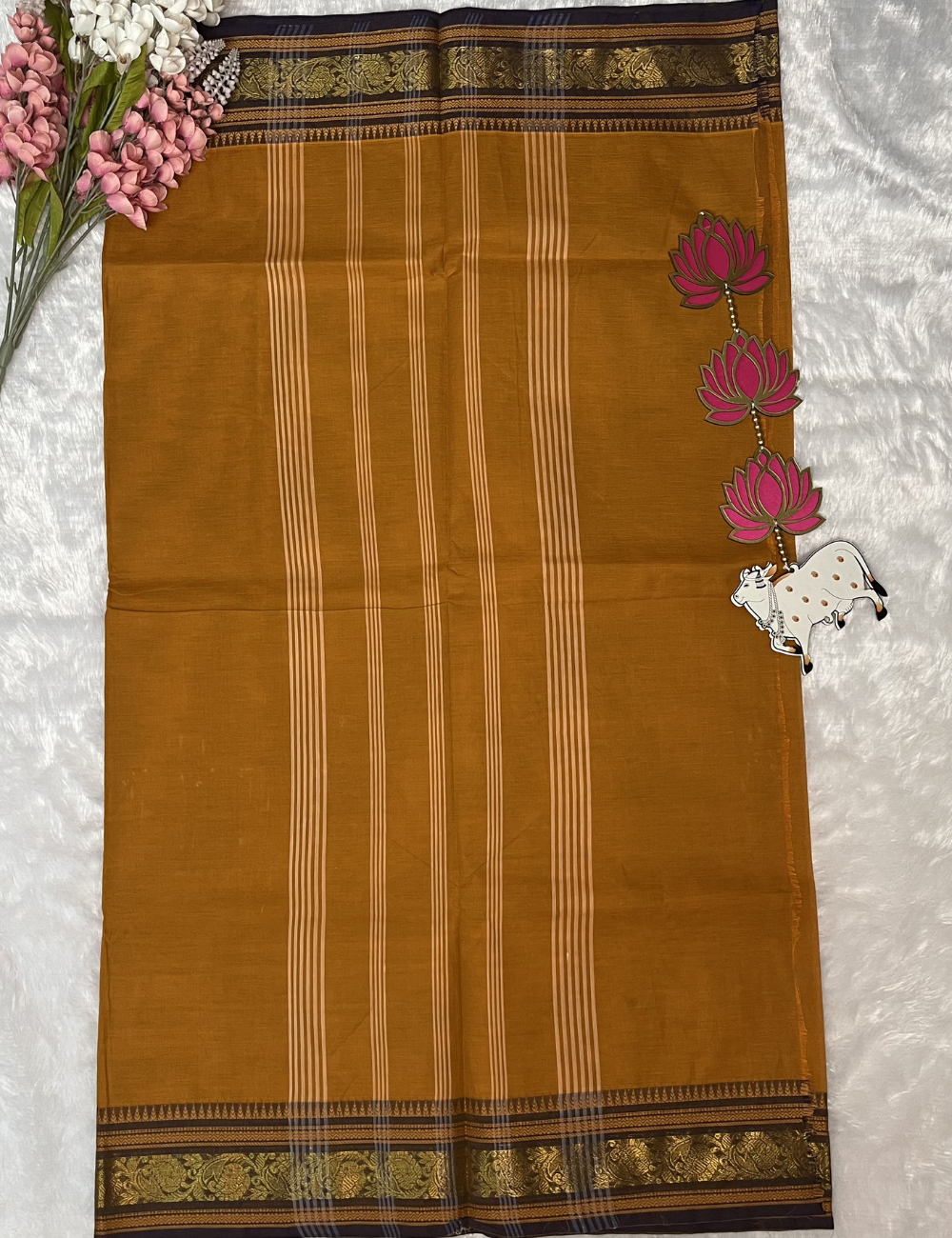 Mustard Plain Kanchi Cotton Saree - Brown Rich Border