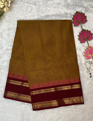 Mustard Plain Kanchi Cotton Saree - Maroon Rettapet Border