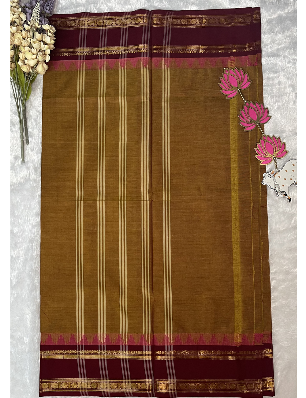 Mustard Plain Kanchi Cotton Saree - Maroon Rettapet Border