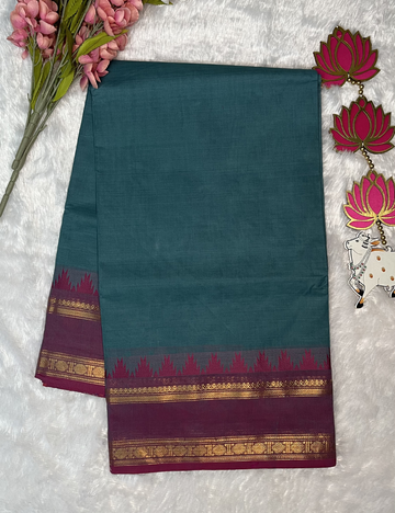 Peacock Blue Plain Kanchi Cotton Saree - Magenta Rettapet Border