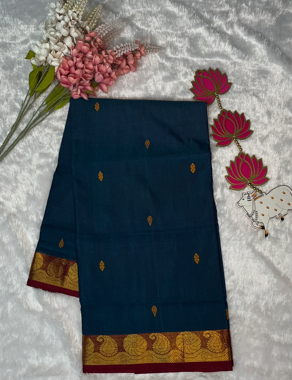 Kanchi Cotton Saree with Butta All Over - Small Mango Border - Peacock Blue