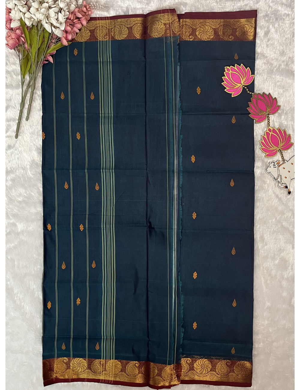 Kanchi Cotton Saree with Butta All Over - Small Mango Border - Peacock Blue