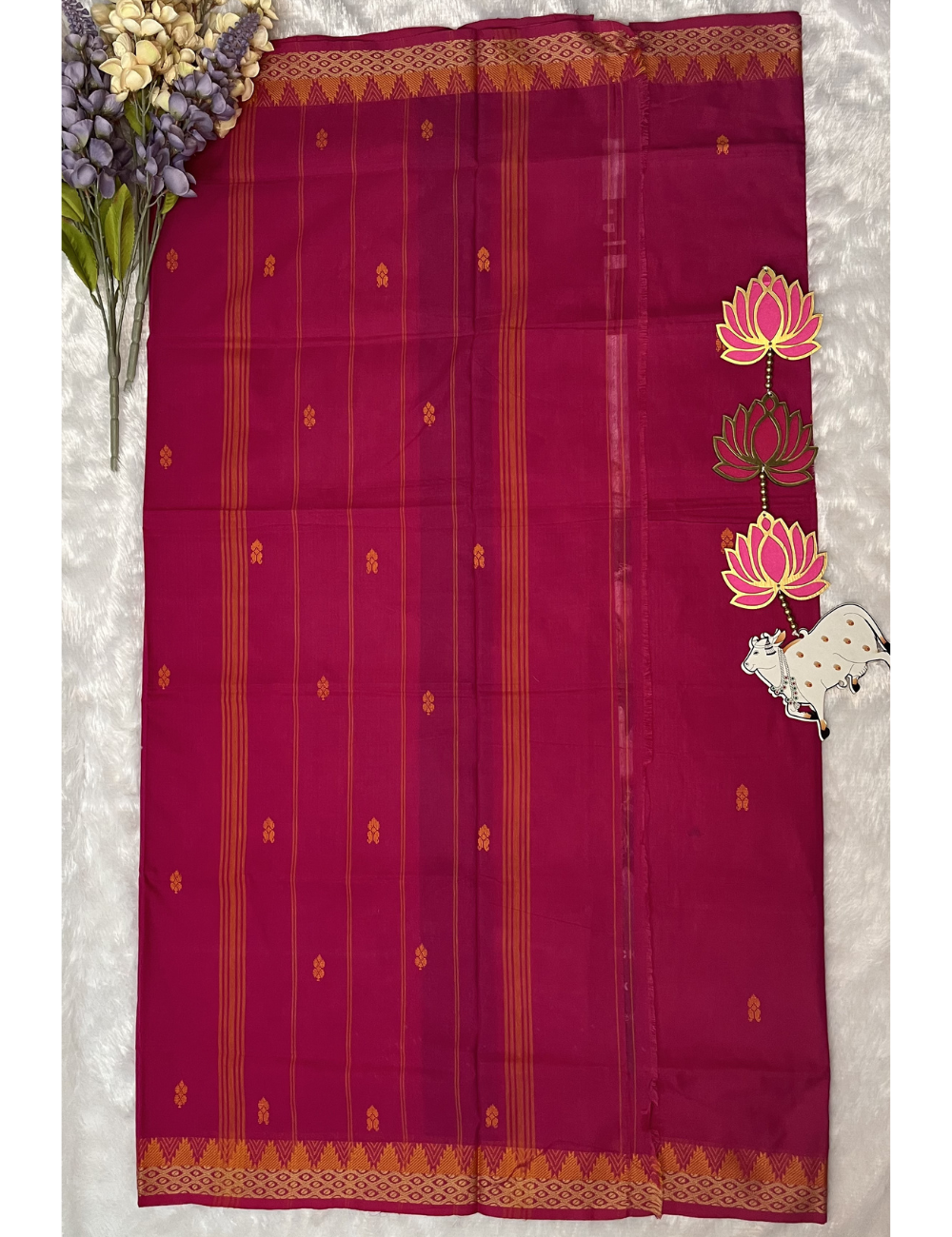 Pink Kanchi Cotton Saree with Butta All Over - Small Temple Border