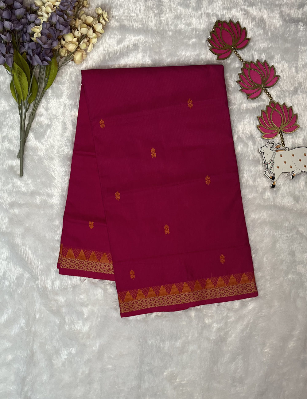 Pink Kanchi Cotton Saree with Butta All Over - Small Temple Border
