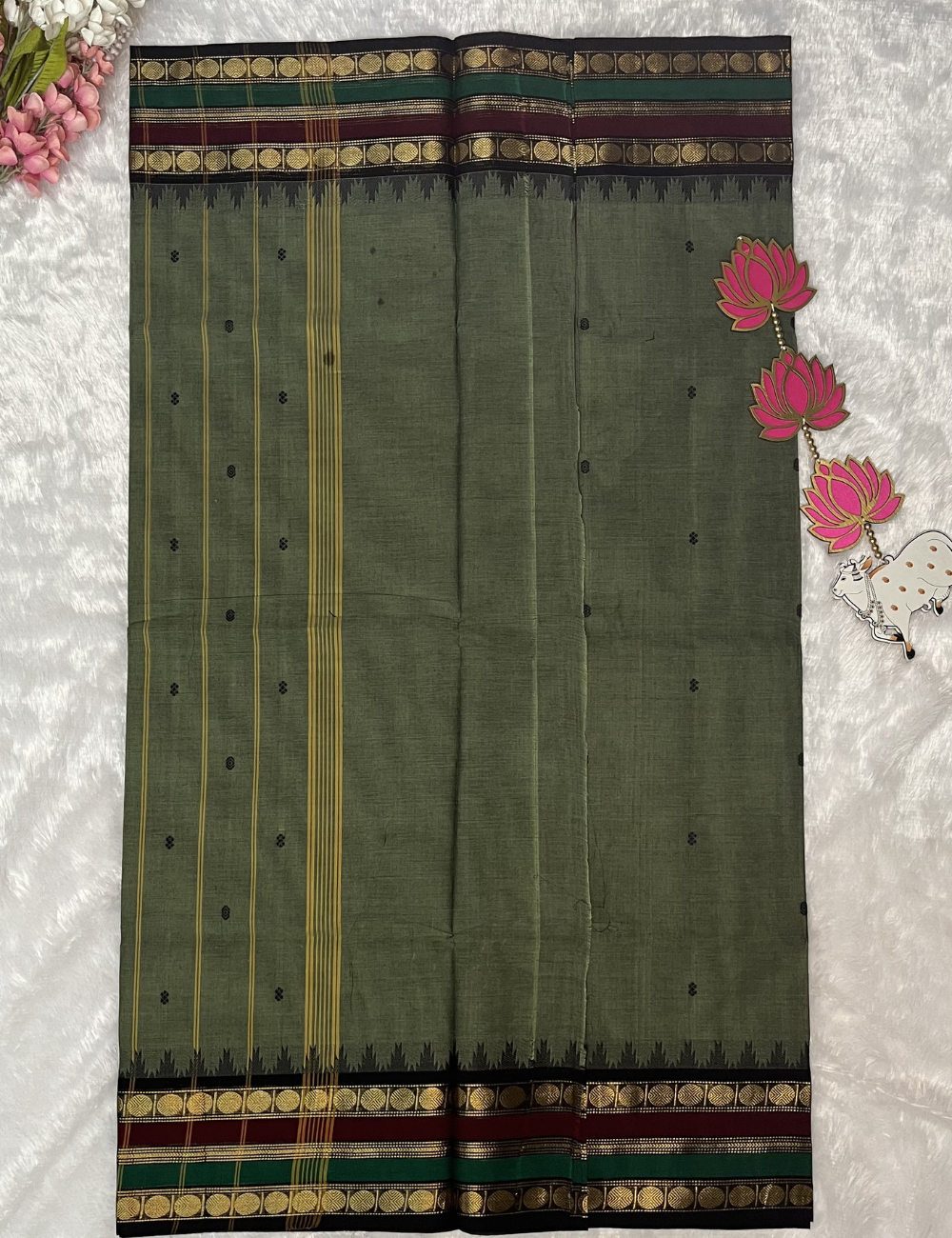Kanchi Cotton - Greyish Green Saree - Rettapet Rudraksh Border - With Blouse