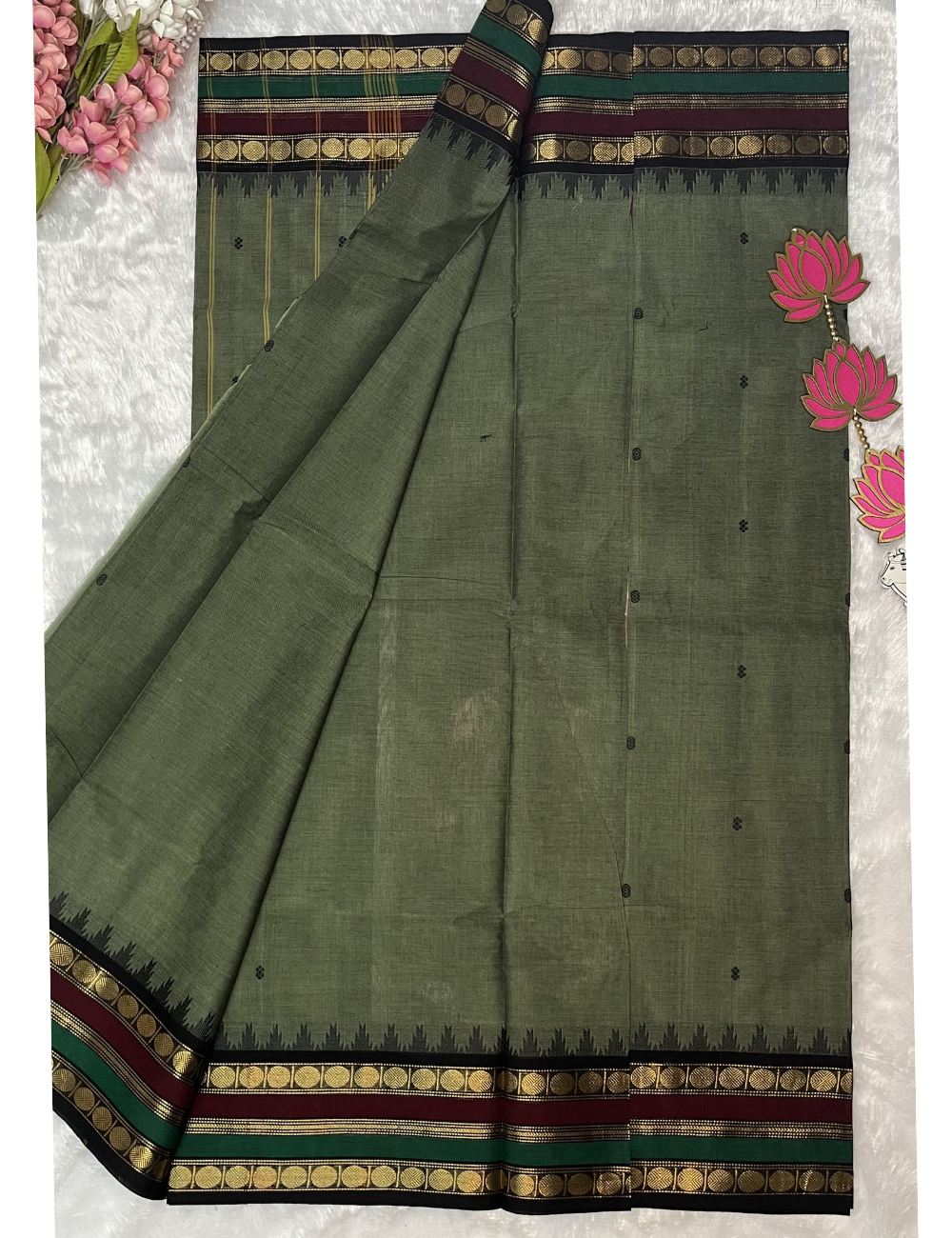 Kanchi Cotton - Greyish Green Saree - Rettapet Rudraksh Border - With Blouse