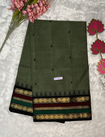 Kanchi Cotton - Greyish Green Saree - Rettapet Rudraksh Border - With Blouse