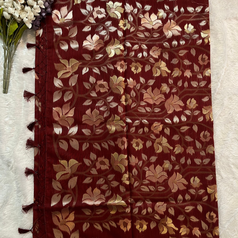 Linen Saree - Golden Jamdani Weaving Body - Maroon