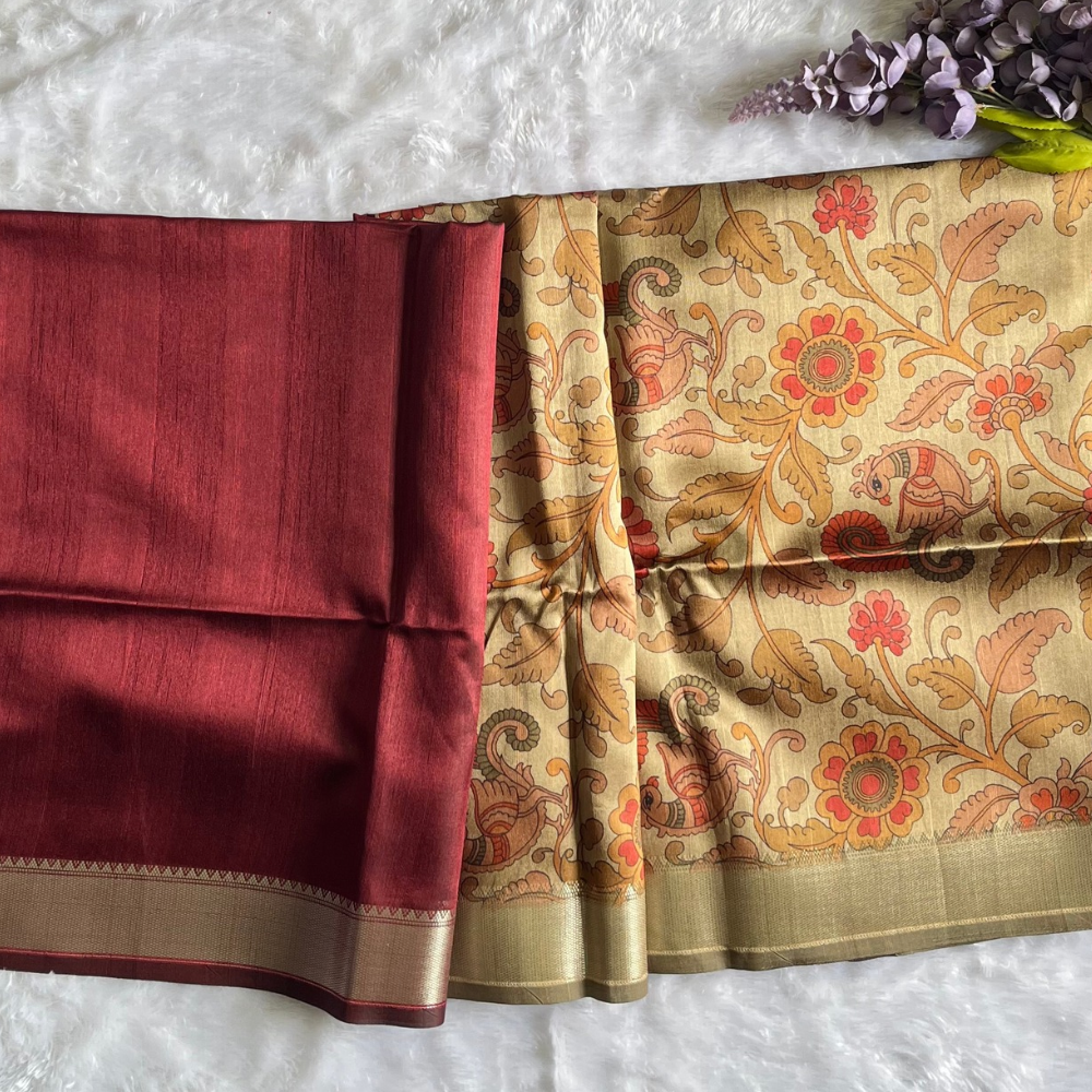 Raw Silk Saree - Plain with Zari Border - Kalamkari Pallu - Maroon Colour