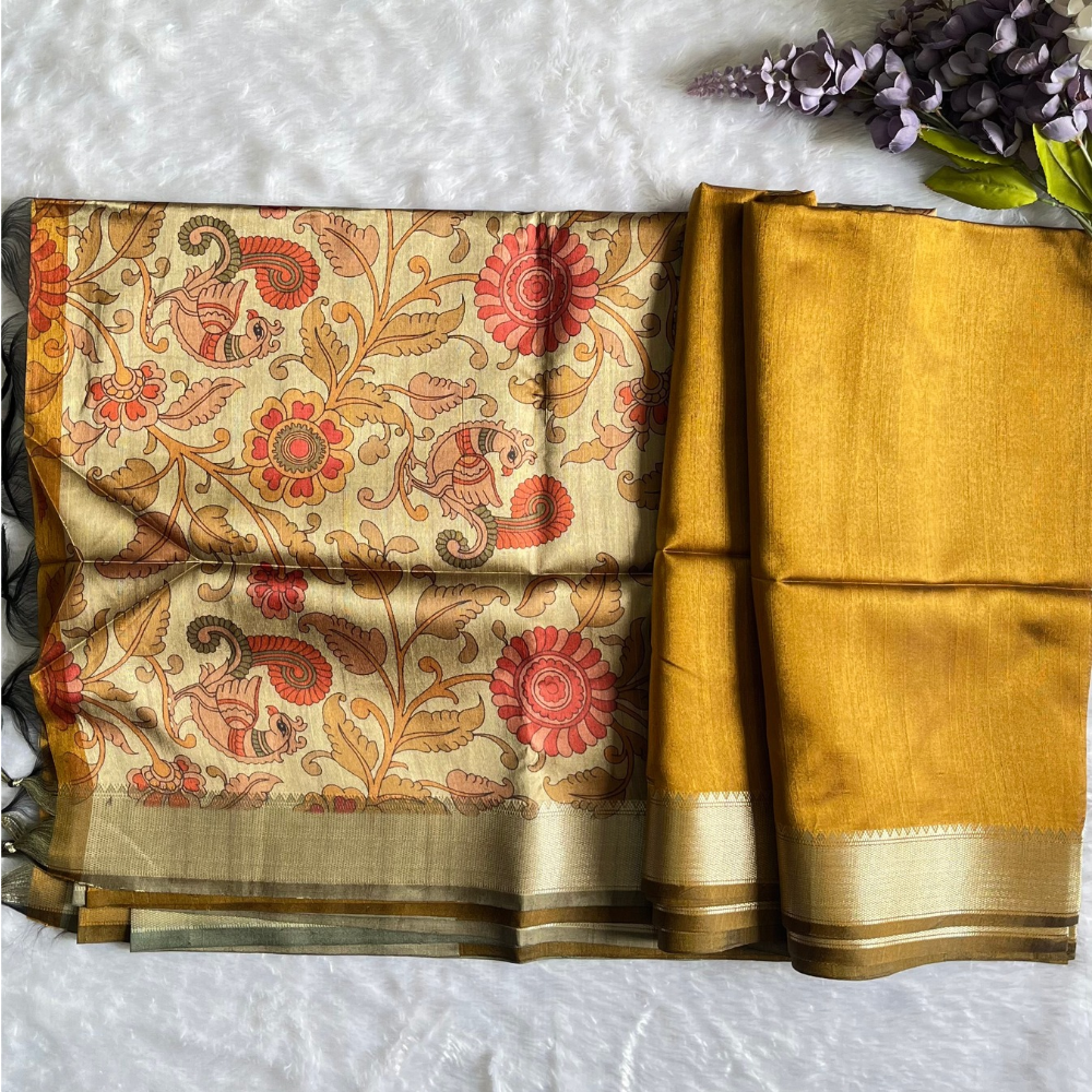 Raw Silk Saree - Plain with Zari Border - Kalamkari Pallu - Mustard Colour