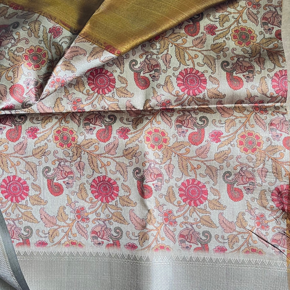 Raw Silk Saree - Plain with Zari Border - Kalamkari Pallu - Mustard Colour