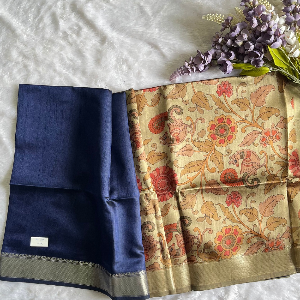 Raw Silk Saree - Plain with Zari Border - Kalamkari Pallu - Navy Blue