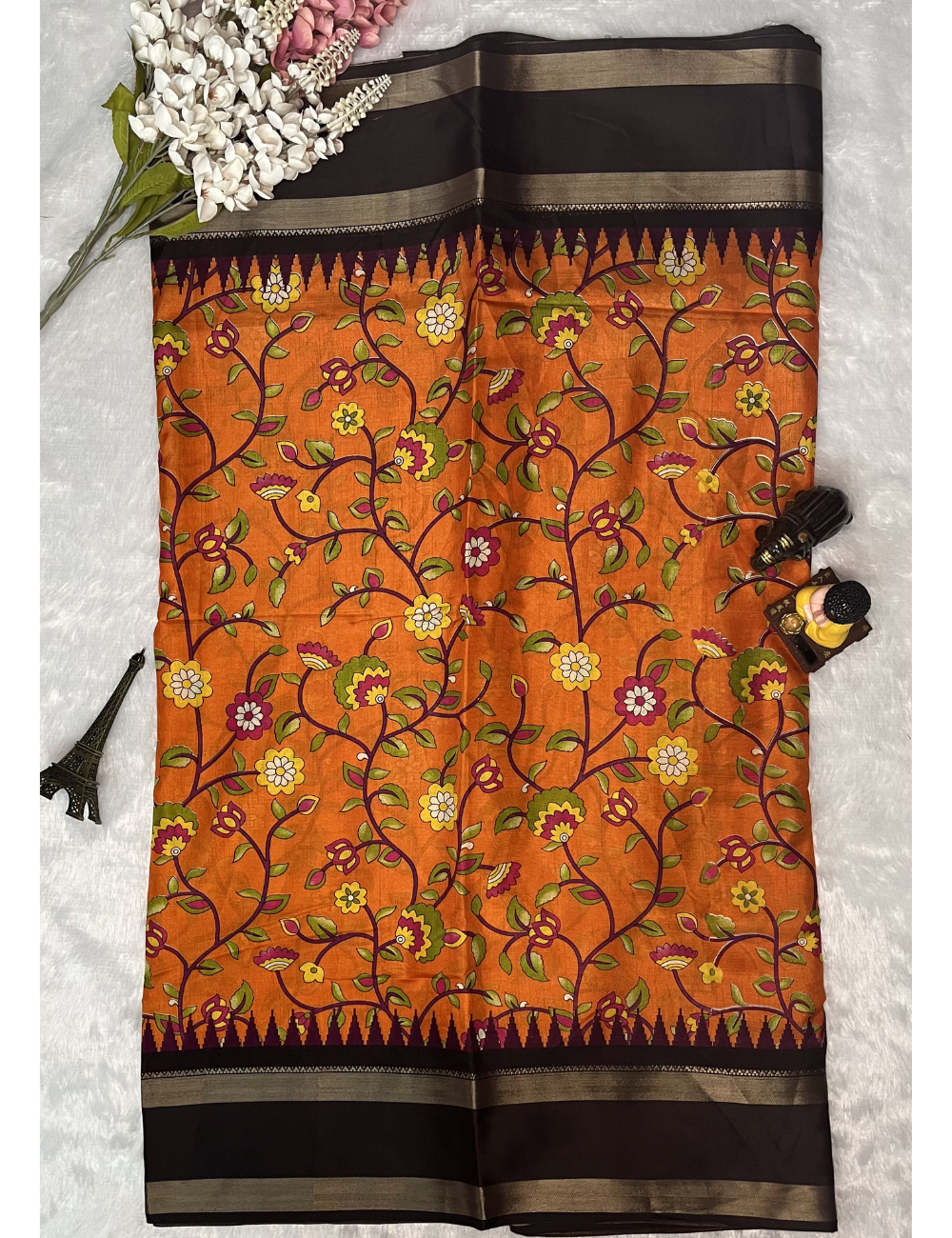 Fancy Dola Silk Saree – Orange with Rettapet Brown Border - Peacock Motif Pallu