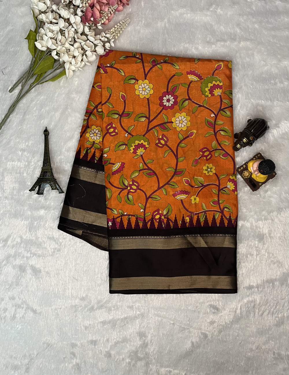 Fancy Dola Silk Saree – Orange with Rettapet Brown Border - Peacock Motif Pallu