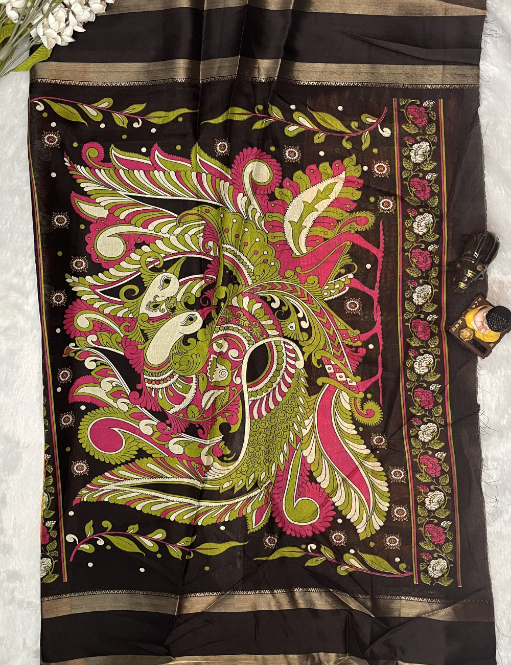 Fancy Dola Silk Saree – Orange with Rettapet Brown Border - Peacock Motif Pallu