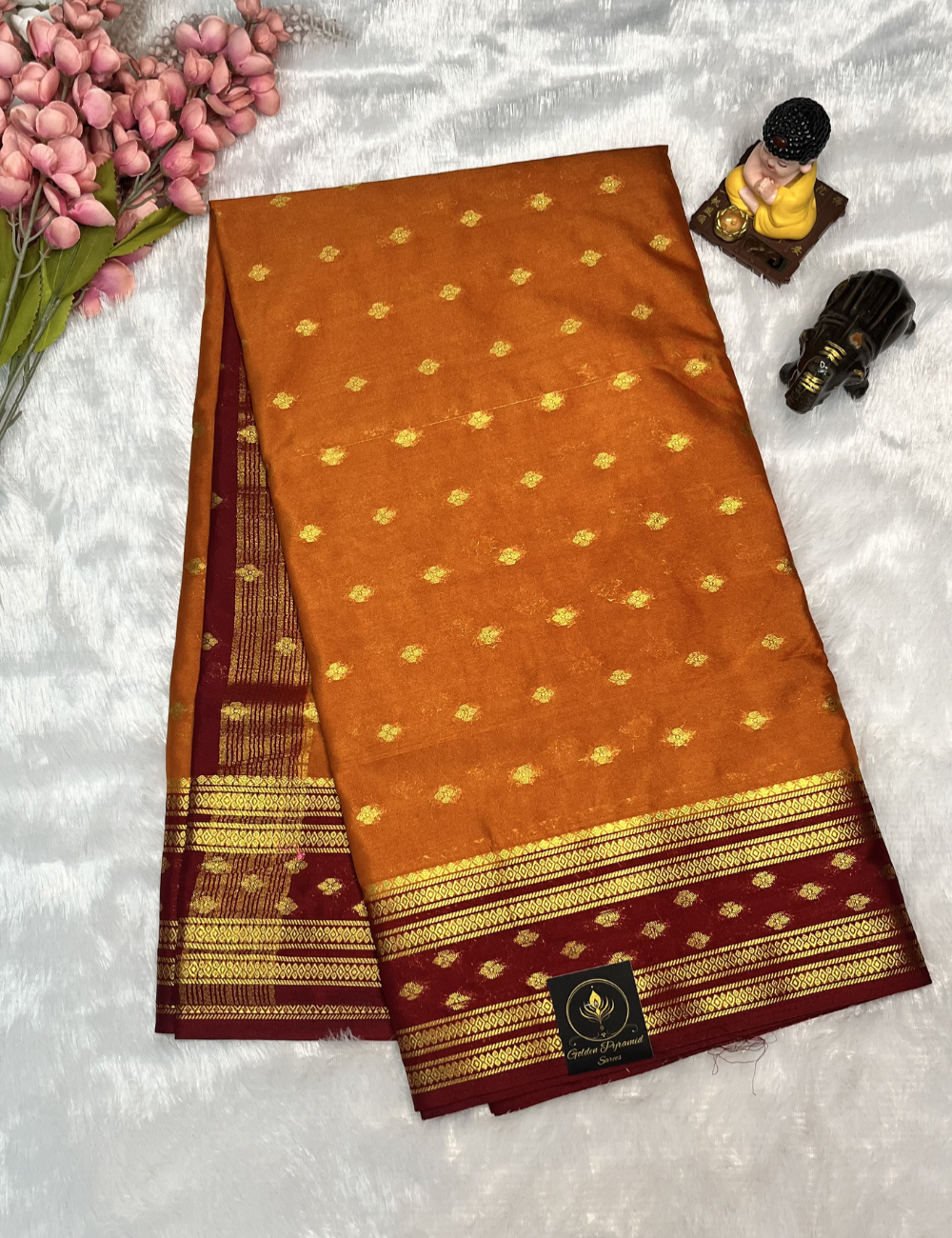 Orange Semi Mysore Silk Saree with Contrast Maroon Border - Butta All Over